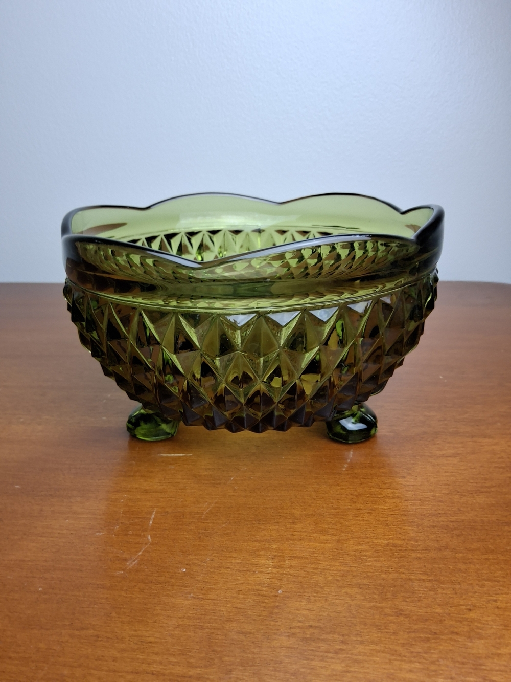 Indiana Glass Olive Green Diamond-Pattern Footed Bowl
